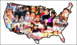 Map of United States with faces on it